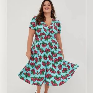 Betsey Johnson Fit & Flare Midi Dress - Stretch Challis Cherry Blue